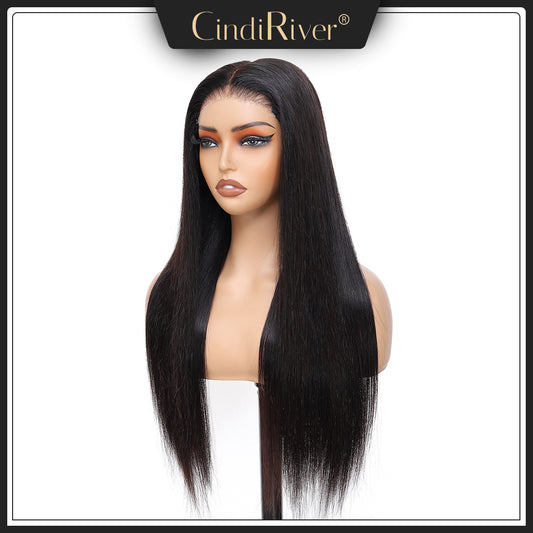 CindiRiver straight 5x5 Lace Wig 230% Hair Density Adjustable Drawstring Vietnamese hair Pre - bleached Pre - cut 5x5 Lace Frontal Glueless Wig with Pre - plucked Natural Hairline Elastic & Thicker Bob Ends - Natural Black