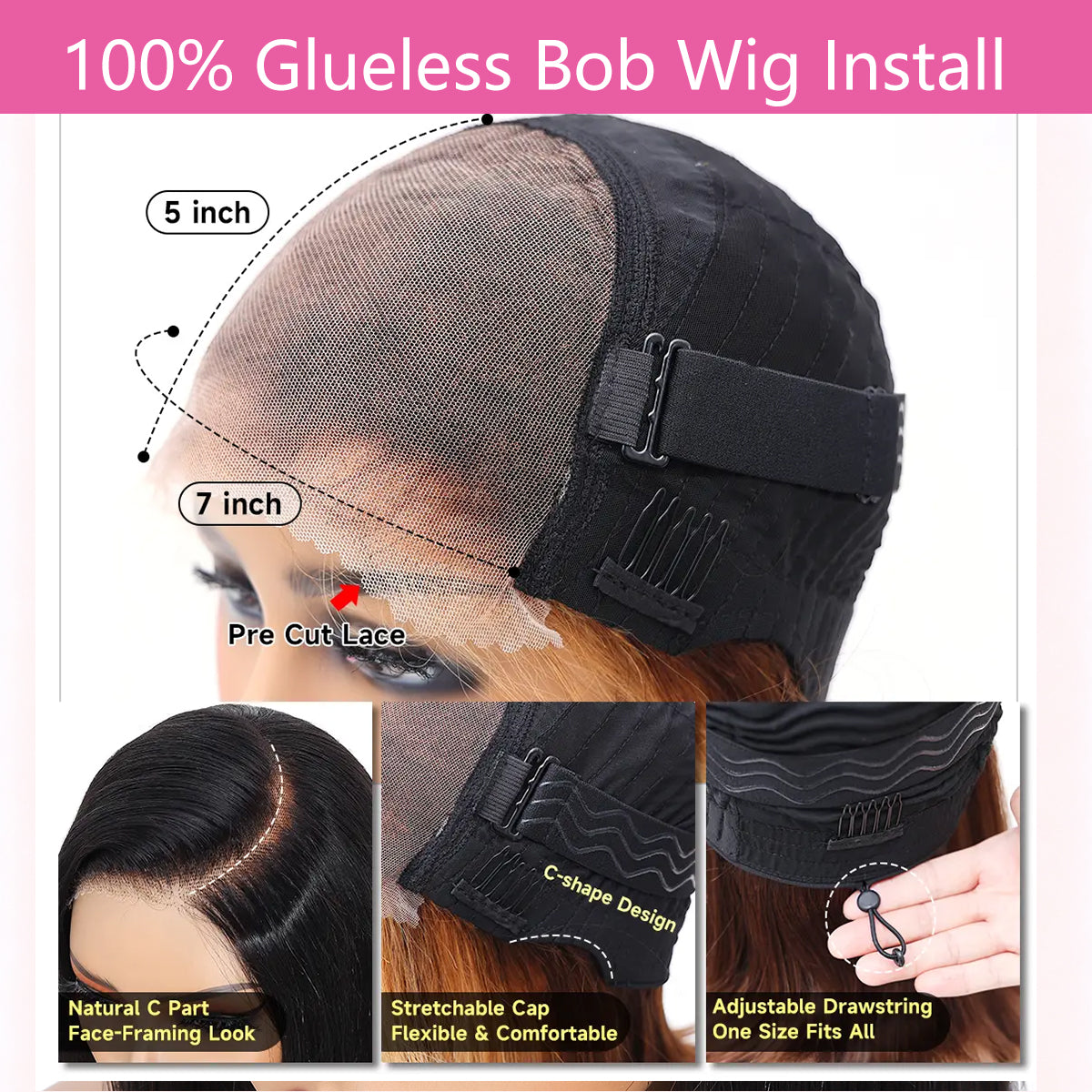 CindiRiver 7×5 HD Lace Highlight Bob Glueless Wig – 250% Density – product image 2