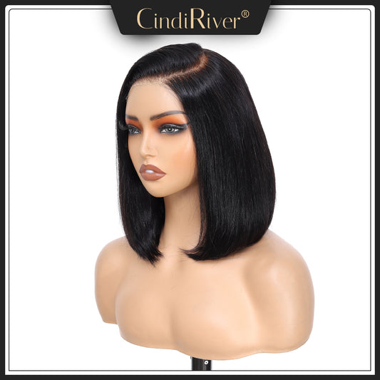 CindiRiver Bob 5x5 Lace Wig 280% Hair Density Vietnamese hair Pre - bleached Pre - cut 5x5 Lace Frontal Glueless Wig with Pre - plucked Natural Hairline Elastic Drawstring for Easy Fit & Thicker Bob Ends - Natural Black