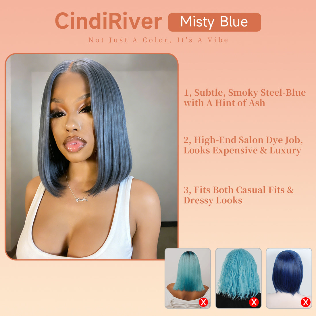 CindiRiver 5×5 HD Lace Misty Blue Bob Wig – 250% Density – product image 3